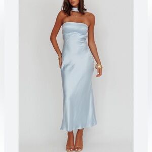 Here comes the sun Cinderella satin Ice blue maxi reverse halter gown XL New
